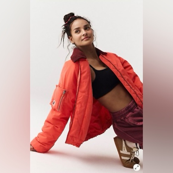 NWOT FREE PEOPLE Outpost Bomber Jacket In Cherry Tomato Combo MSRP